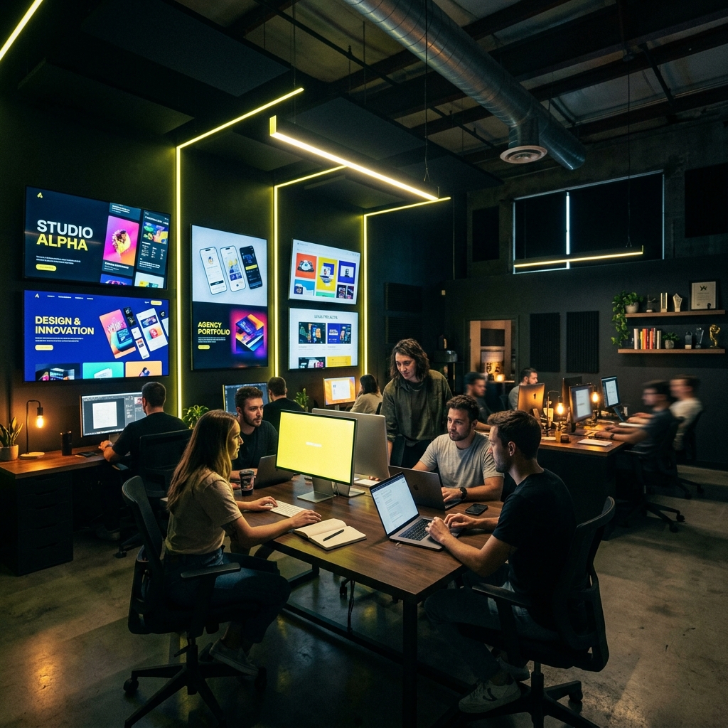 AstroxStudio creative workspace — team collaborating on design and video projects